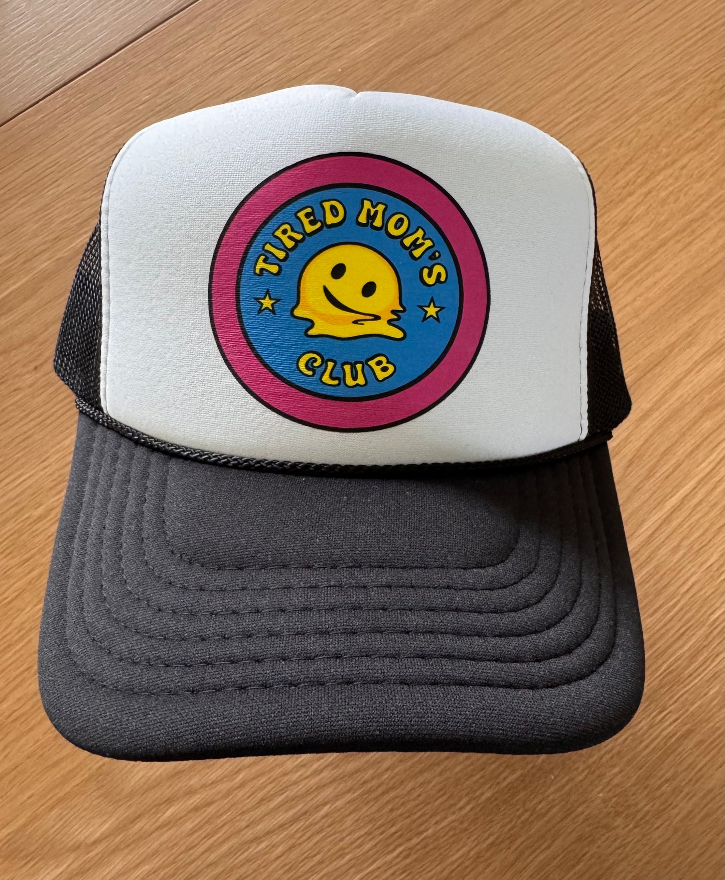Tired Mom's Club Trucker Hat-Vibrant Transfer Edition (Black & White)