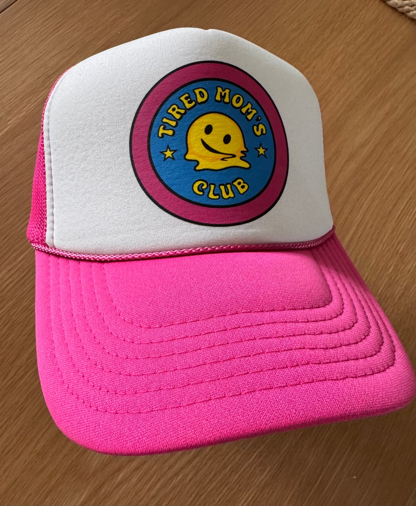 Tired Mom's Club Trucker Hat-Vibrant Transfer Edition (White/Hot Pink)