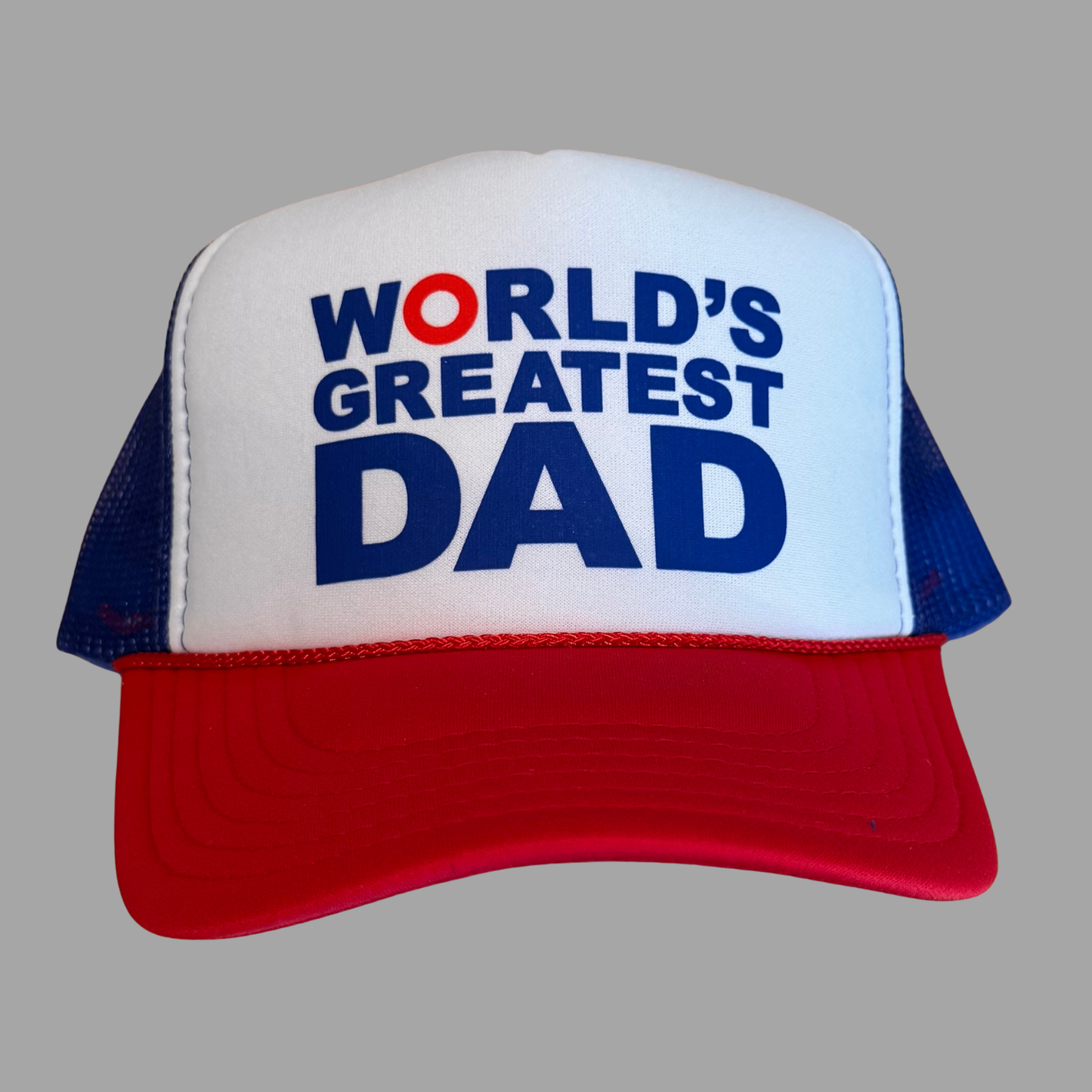 Trucker Hat- Adult "World's Greatest Dad" (Blue/Red & White)