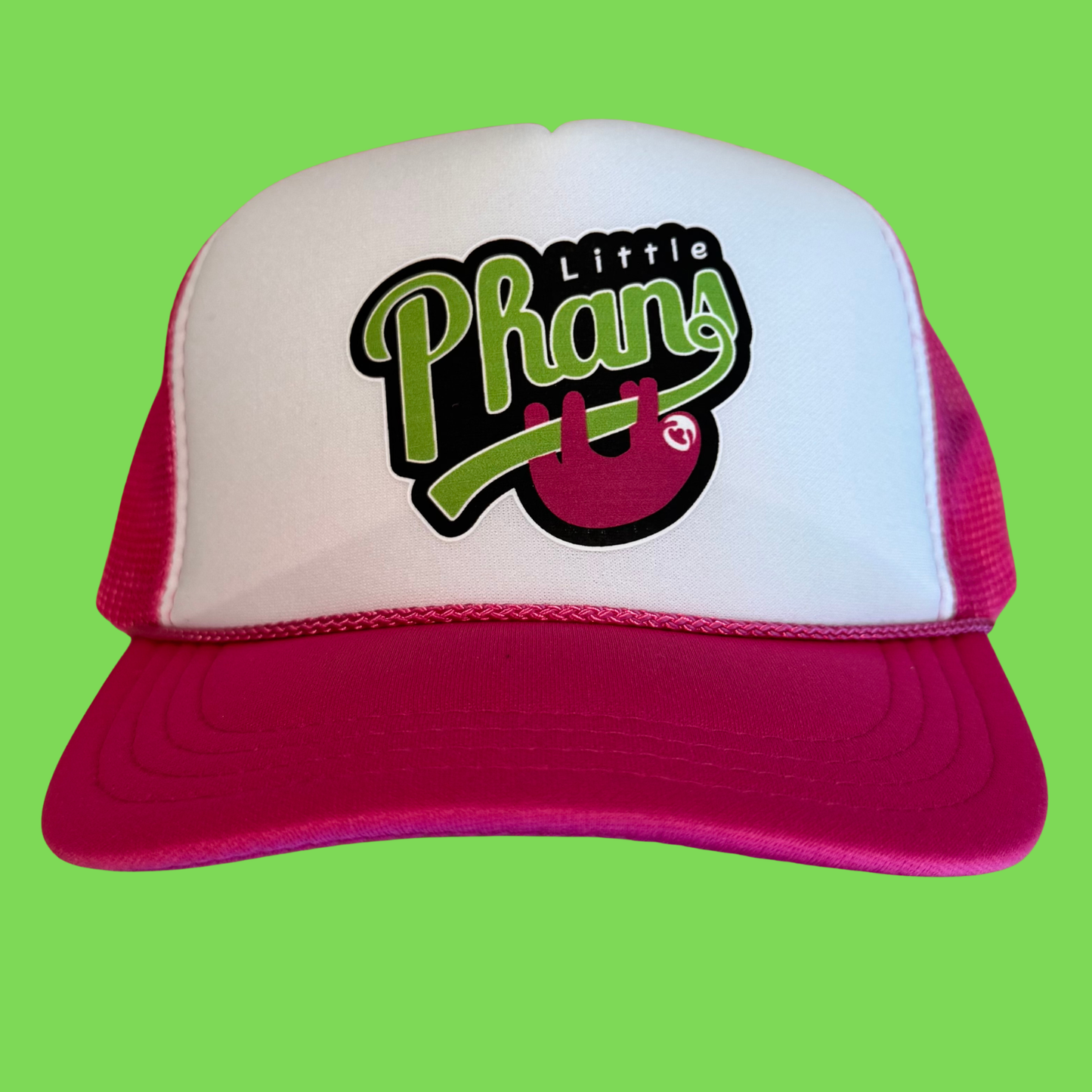 Trucker Hat-Youth Size Neon green & Hot Pink "Logo" (White/Hot Pink)
